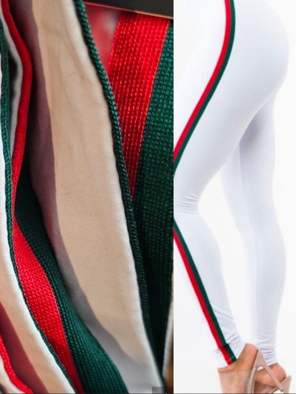 Leggings High Waisted White with Green Red Side tape Stripes Size S/M NEW